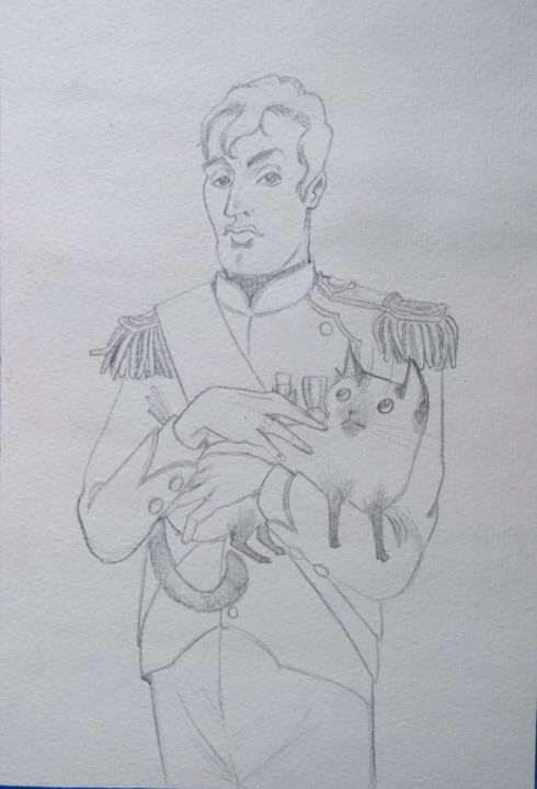 Painting titled "Napoleon & Cat 1" by Oberlin The Artist, Original Artwork, Pencil