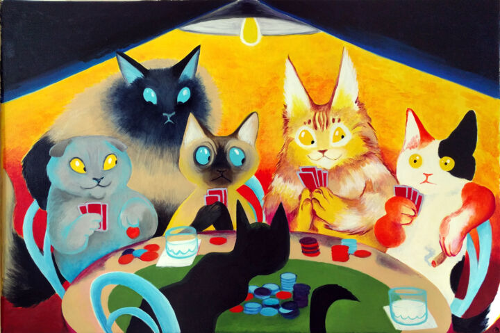 Painting titled "Cats Playing Poker" by Oberlin The Artist, Original Artwork, Acrylic