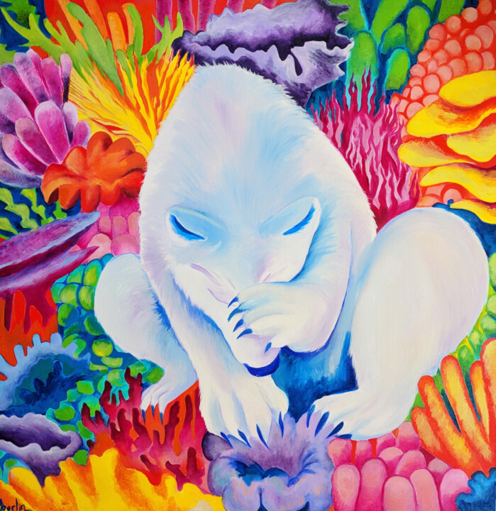 Peinture intitulée "Face-Palm Polar Bear" par Oberlin The Artist, Œuvre d'art originale, Huile