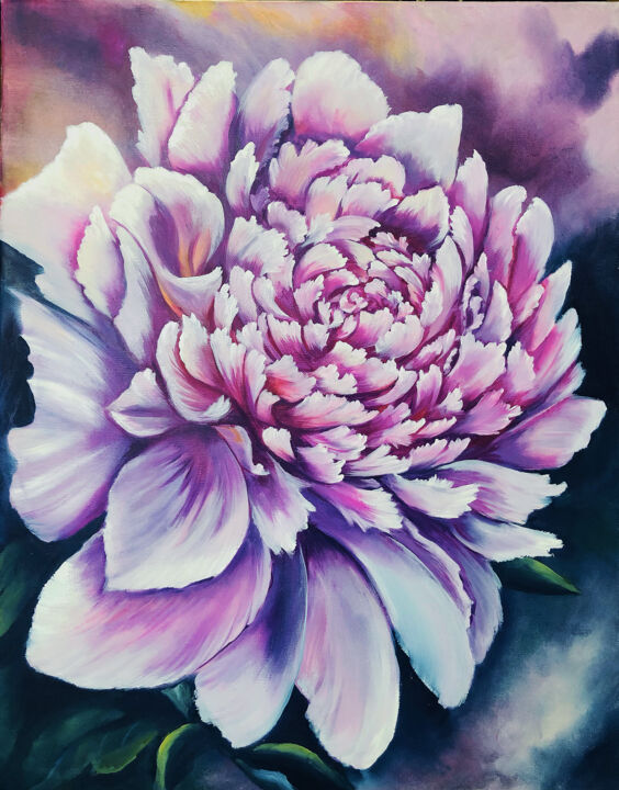 Painting titled "Big Peony" by Ekaterina Zalozhina, Original Artwork, Oil Mounted on Wood Stretcher frame