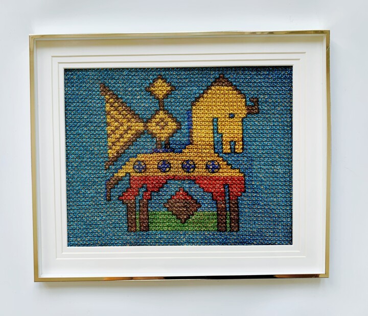 Textile Art titled "Pegasus" by Ek, Original Artwork, Embroidery Mounted on Glass
