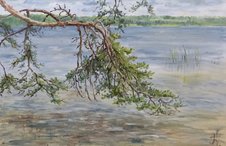 Картина под названием "Белое озеро." - Екатерина Громова, Подлинное произведение искусства, Масло Установлен на Деревянная р…