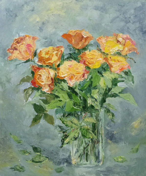 Картина под названием "Желтые розы" - Екатерина Громова, Подлинное произведение искусства, Масло