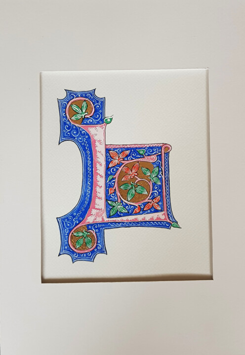 Schilderij getiteld "LETTER L, MEDIEVAL…" door Ekaterina Andreeva, Origineel Kunstwerk, Aquarel