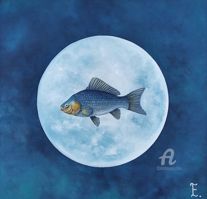 Картина под названием "Лунная рыба" - Екатерина Бесполова, Подлинное произведение искусства, Акрил Установлен на Другая жест…