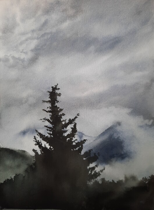 Painting titled "Foggy day" by Ekaterina Dushakova, Original Artwork, Watercolor