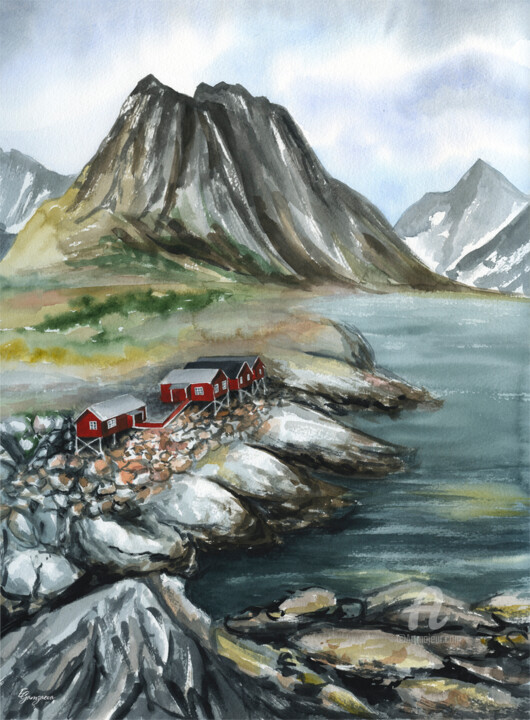 Pintura intitulada "Norwegian fjord" por Ekaterina Gamzaeva, Obras de arte originais, Aquarela