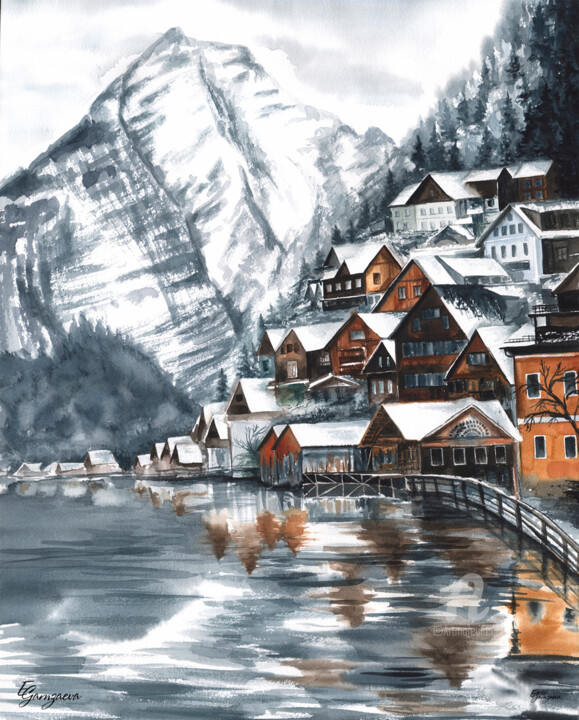 Pintura intitulada "Winter in Hallstatt" por Ekaterina Gamzaeva, Obras de arte originais, Aquarela