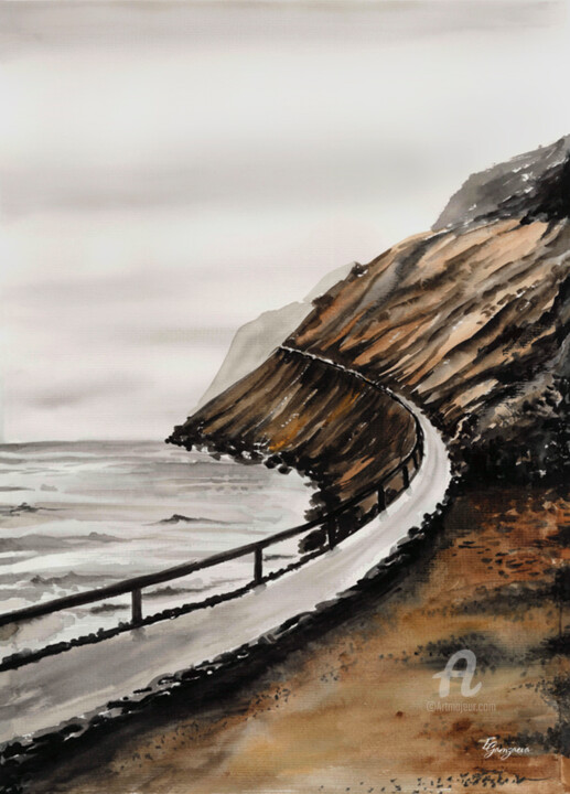 Schilderij getiteld "Rock&Sea" door Ekaterina Gamzaeva, Origineel Kunstwerk, Aquarel