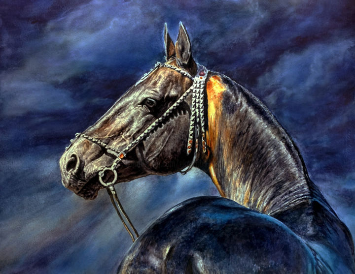 Painting titled "Akhal-Teke stallion…" by Ekaterina Gerasimova, Original Artwork, Watercolor