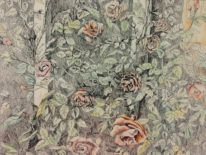 Peinture intitulée "Розы в арке" par Ekaterina Gladkova, Œuvre d'art originale, Stylo gel