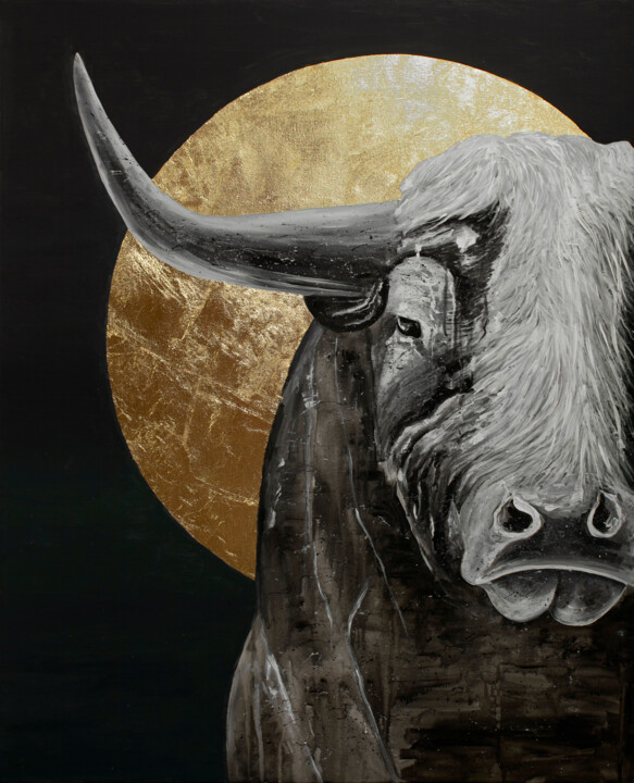 Malarstwo zatytułowany „Big love. Bull” autorstwa Ekaterina Khovanskaya, Oryginalna praca, Akryl Zamontowany na Drewniana ra…