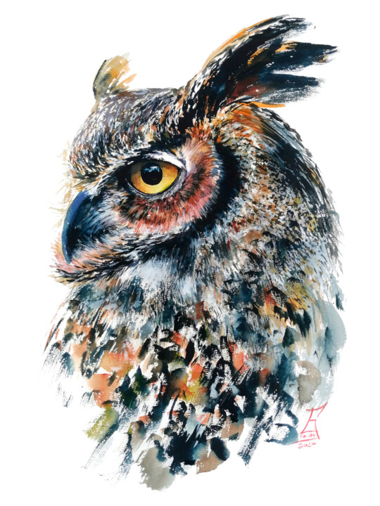 Pittura intitolato "OWL-impressive, hap…" da Ekaterina Kosyak, Opera d'arte originale, Acquarello