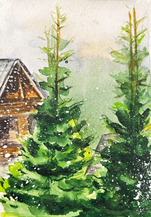 Painting titled "House in the forest…" by Ekaterina Larina, Original Artwork, Watercolor