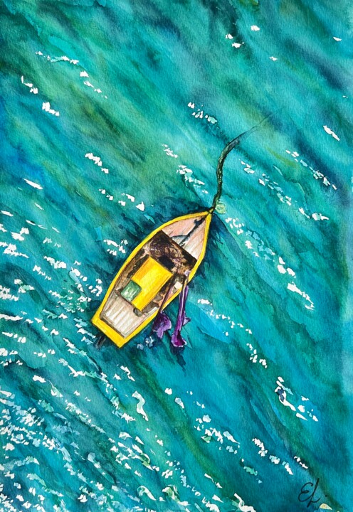 Schilderij getiteld "Yellow boat in the…" door Ekaterina Larina, Origineel Kunstwerk, Aquarel