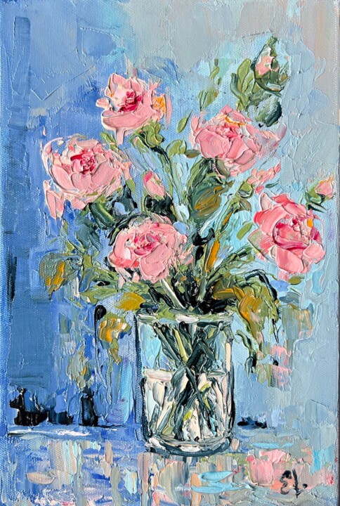Painting titled "Bouquet of roses Sm…" by Ekaterina Larina, Original Artwork, Oil Mounted on Wood Stretcher frame
