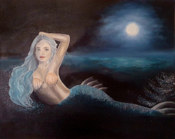 Painting titled "moon mermaid" by Ekaterina Nichubai (Shpekht), Original Artwork, Oil