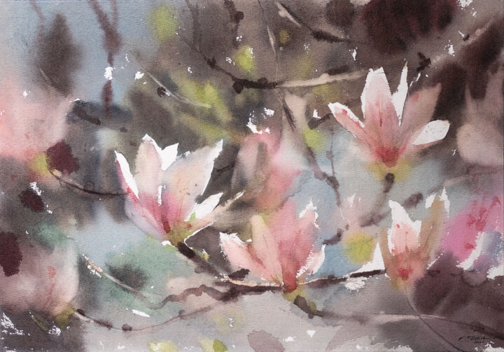 Peinture intitulée "Magnolia blossom" par Ekaterina Pytina, Œuvre d'art originale, Aquarelle