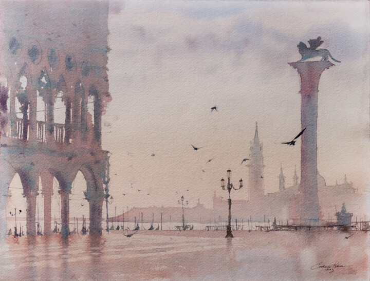 Malerei mit dem Titel "Venice at Sunset" von Ekaterina Pytina, Original-Kunstwerk, Aquarell