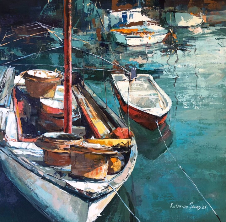 Картина под названием "fishing boats" - Ekaterina Shenayeva, Подлинное произведение искусства, Акрил