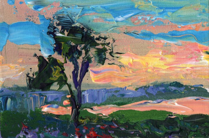 Painting titled "Sunset and a tree" by Ekaterina Vasilevskaya, Original Artwork, Acrylic Mounted on Cardboard
