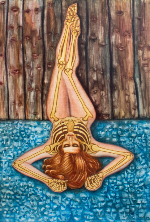 Painting titled "GOLDEN SKELETON" by Ekaterina Zakharova, Original Artwork, Oil Mounted on Wood Stretcher frame