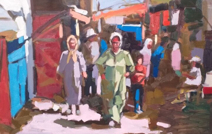 Painting titled "Le souk" by El Mostafa Belyasmine, Original Artwork, Oil Mounted on Wood Stretcher frame