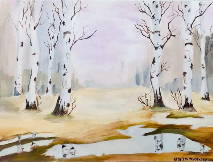 Картина под названием "Birch trees in my f…" - Elżbieta Helena Pawłowska, Подлинное произведение искусства, Акварель