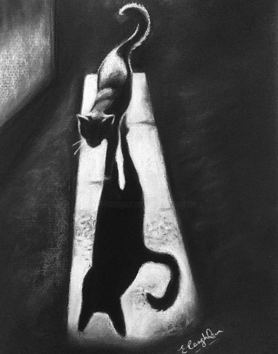 Desenho intitulada "Shadow of a Cat" por Elaine Coughlan, Obras de arte originais, Pastel