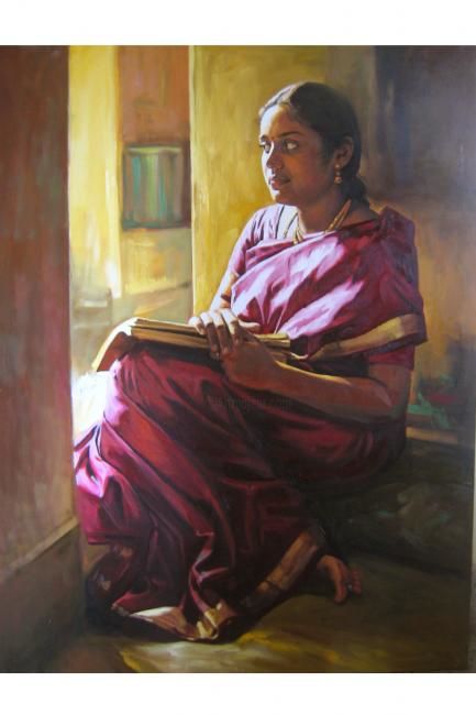 Schilderij getiteld "my wife" door S.Elayaraja, Origineel Kunstwerk, Olie