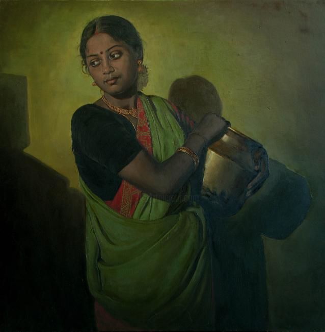 Painting titled "women with wessel3" by S.Elayaraja, Original Artwork, Oil