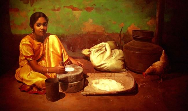 Painting titled "rice grinder2" by S.Elayaraja, Original Artwork, Oil
