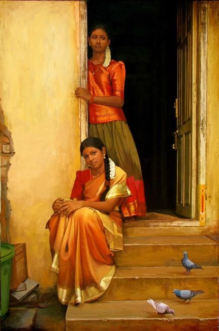 Pittura intitolato "sisters" da S.Elayaraja, Opera d'arte originale, Olio