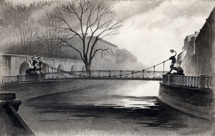 Drawing titled "Bankovsky Bridge" by Eldeukov Ildiukov, Original Artwork, Watercolor
