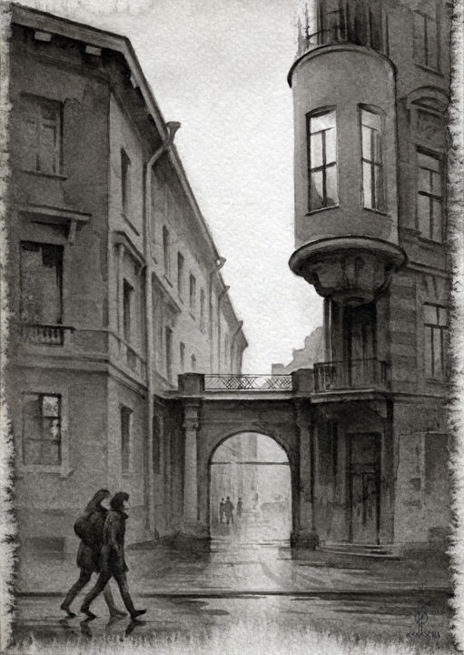 Σχέδιο με τίτλο "The promenade along…" από Eldeukov - Ильдюков, Αυθεντικά έργα τέχνης, Ακουαρέλα