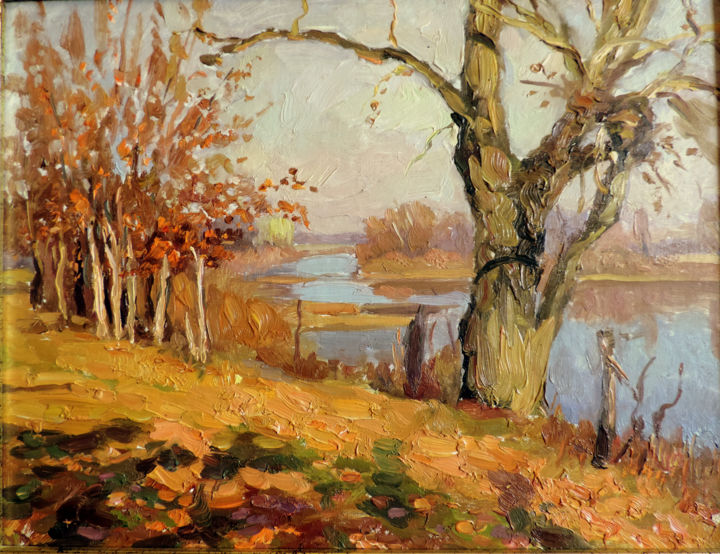 Картина под названием "Осень на озере" - Николай Хальзев, Подлинное произведение искусства, Масло Установлен на картон