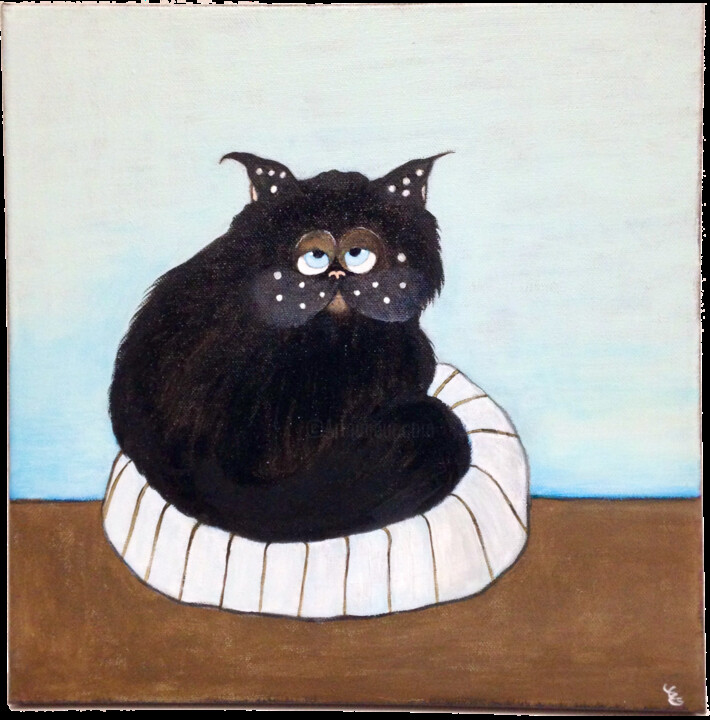 Peinture intitulée "Chat noir au coussin" par Eleanor Gabriel, Œuvre d'art originale, Acrylique