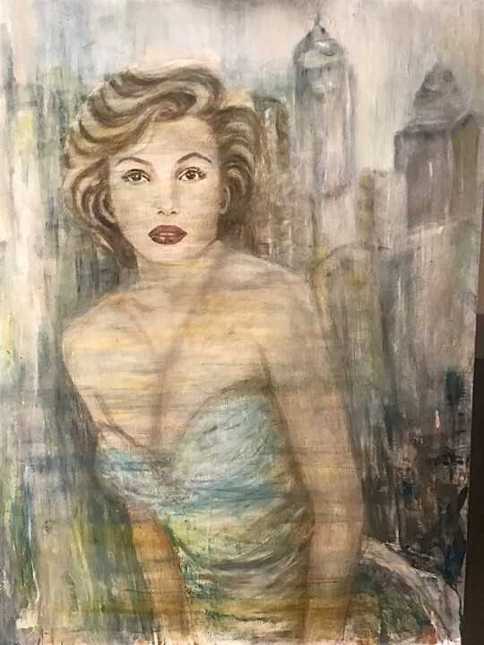 Painting titled "Marilyn in manhattan" by Electre, Original Artwork, Oil Mounted on Wood Panel