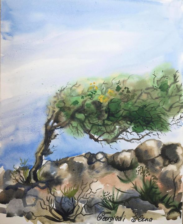 Pintura intitulada "Olive tree high in…" por Elena Georgiadi, Obras de arte originais, Aquarela
