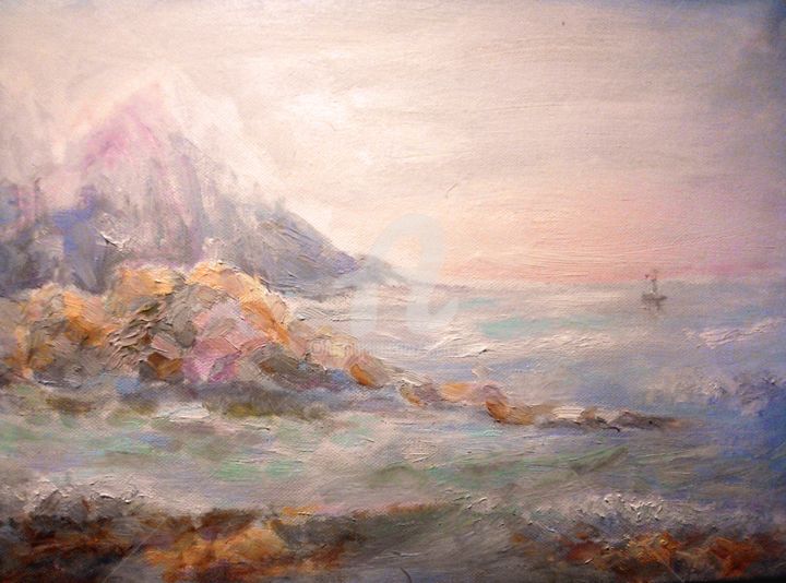 Painting titled "Утро туманное" by Elen Ruzh, Original Artwork, Oil