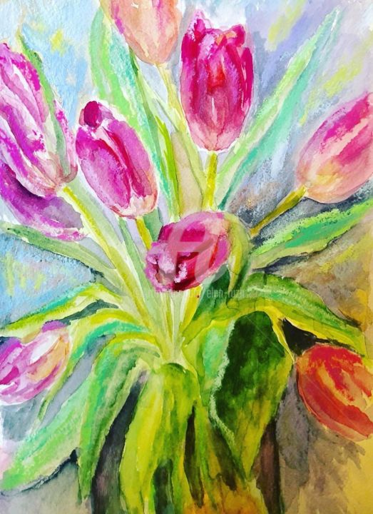 Painting titled "Tulpen" by Elen Ruzh, Original Artwork, Watercolor