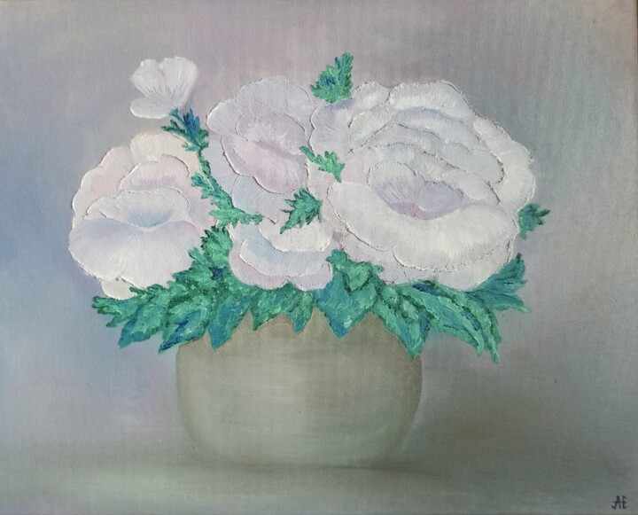 Painting titled "Белые цветы. Fleurs…" by Elena Afanasyeva, Original Artwork, Oil Mounted on Cardboard