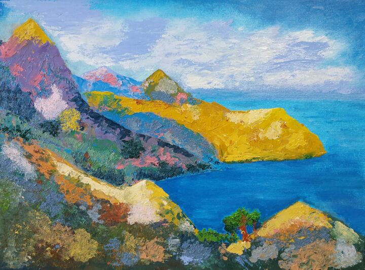 Painting titled "Sea-mountains-sun" by Elena Barabanova, Original Artwork, Oil