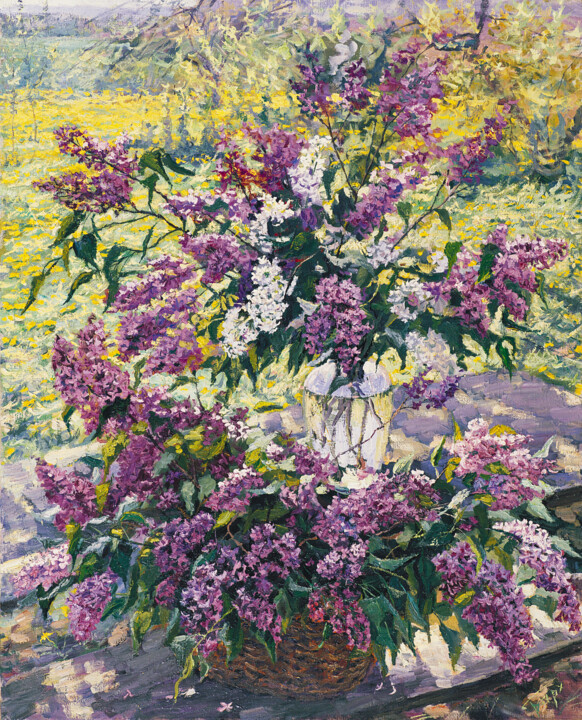 Painting titled "Lilacs" by Elena Barkhatkova, Original Artwork, Oil