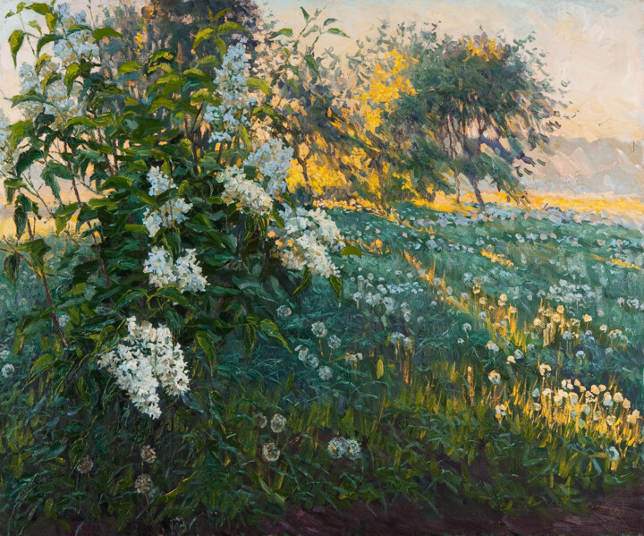 Painting titled "Lilac. Early Morning" by Elena Barkhatkova, Original Artwork, Oil