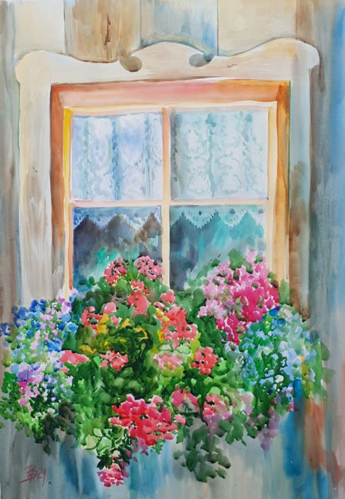 Painting titled "Grandma's window" by Elena Belikova, Original Artwork, Watercolor