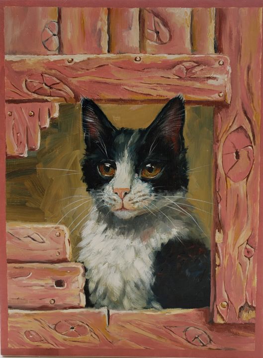 Картина под названием "Hungry Cat" - Elena Belous, Подлинное произведение искусства, Масло Установлен на Подрамник