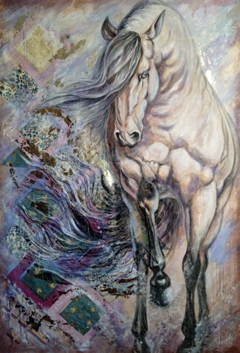 Peinture intitulée "Wihte horse" par Elena Berezina, Œuvre d'art originale, Huile