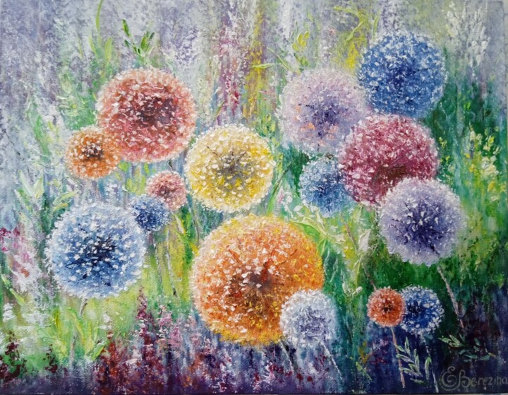 Картина под названием "Rainbow dandelions" - Elena Berezina, Подлинное произведение искусства, Масло Установлен на Деревянна…