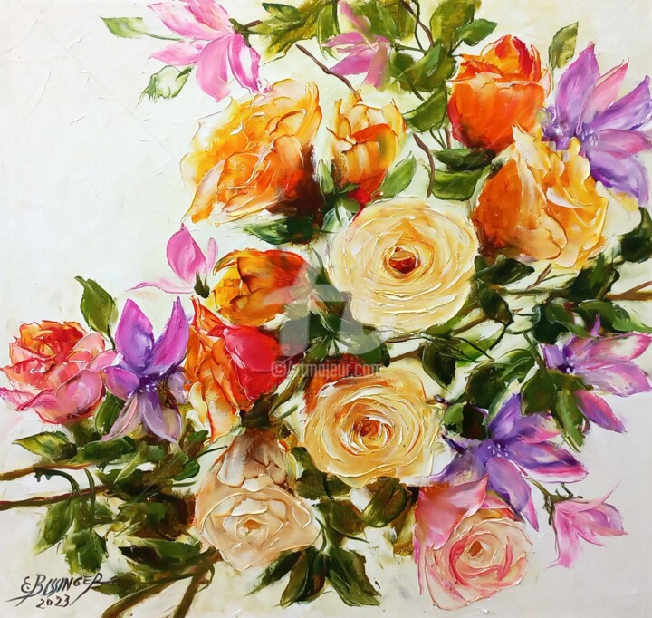 Painting titled "my roses,original B…" by Elena Bissinger, Original Artwork, Oil